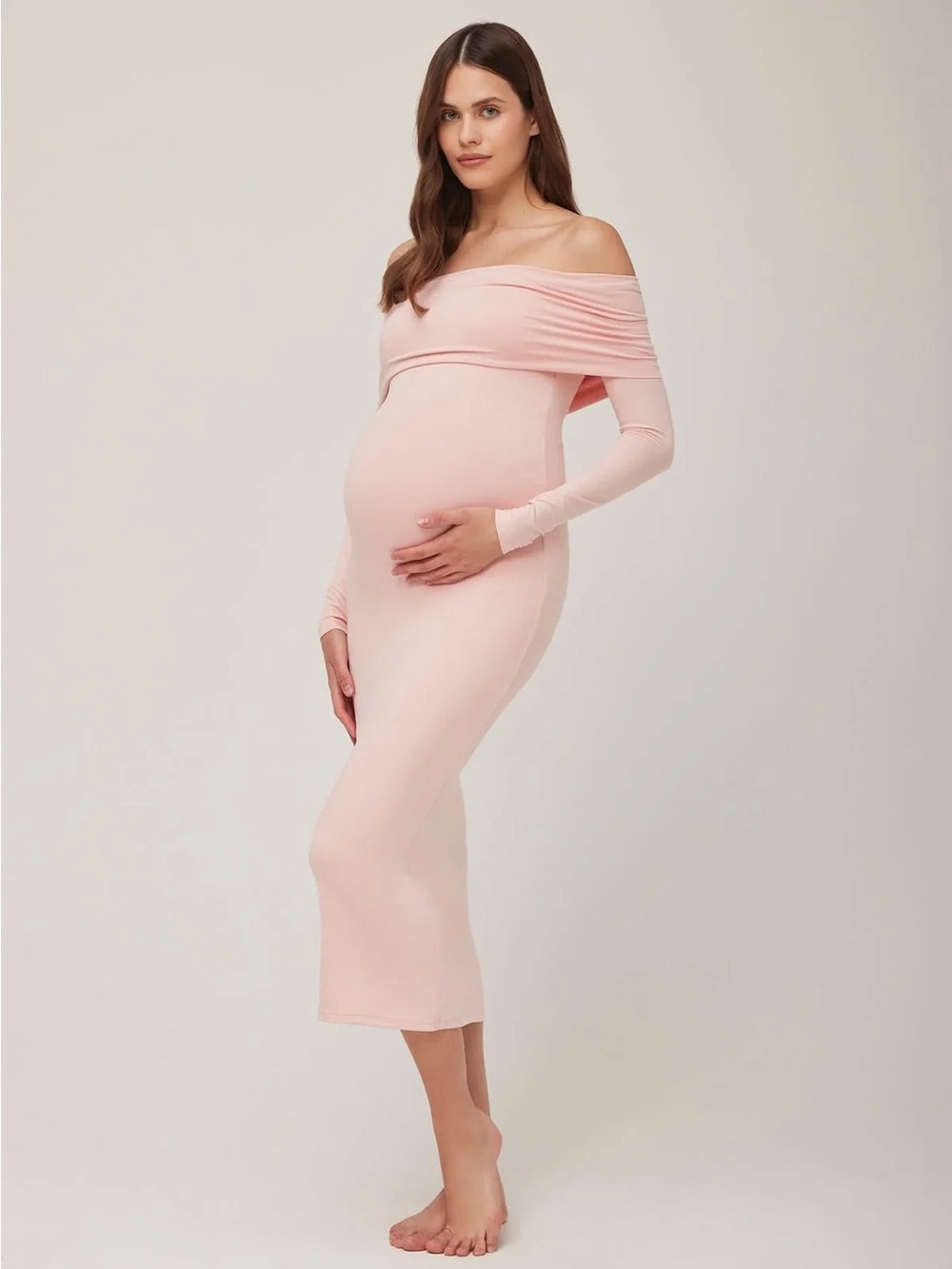 Off-Shoulder Maternity Midi Dress — Blush Pink
